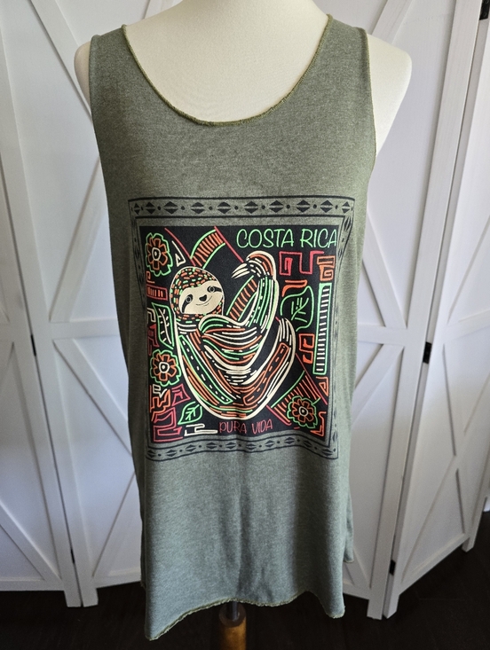 Ecological Tops - Costa Rica 'Pura Vida' Sloth Olive Green Tank Top